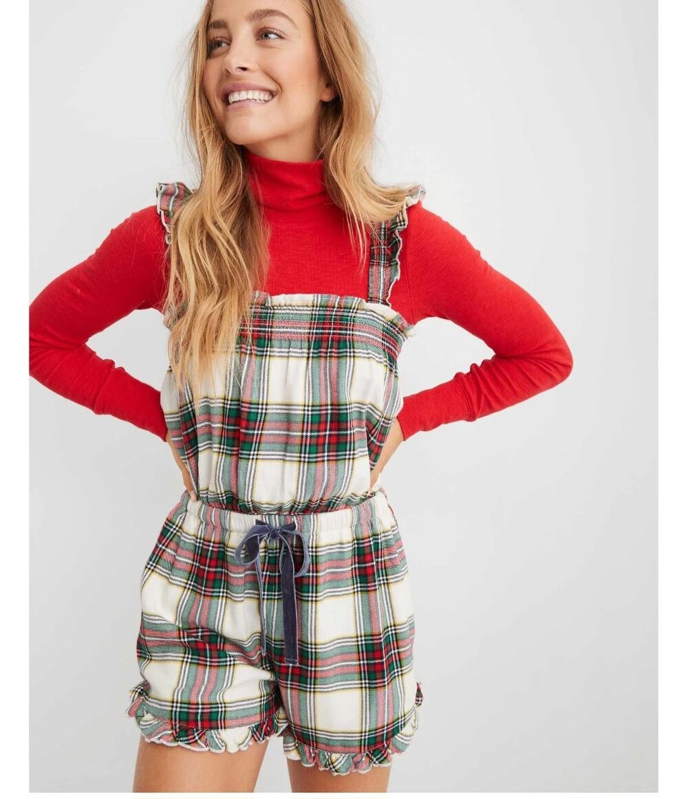 Aerie Plaid Flannel One Piece Romper Pajamas Sleepwear Velvet Tie NWT Medium